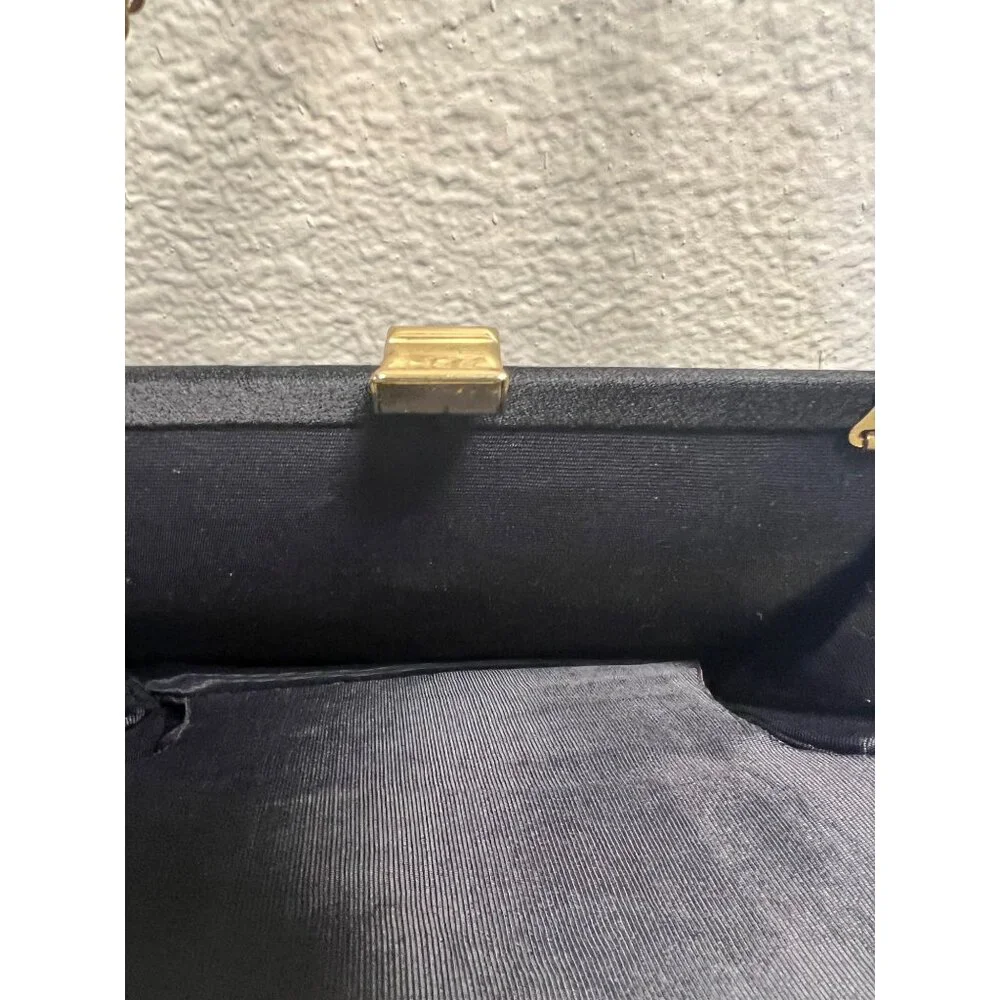 Vintage Black Satin Clutch Purse With Gold Chain Strap & Frame
